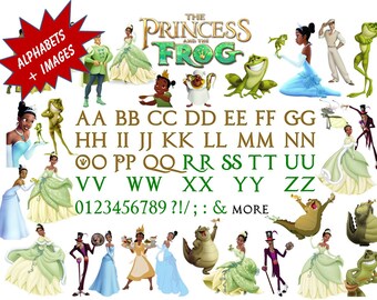 Full Alphabet + 30 Princess & The Frog Clipart Images 300 DPI Transparent Background True Type Font Scrapbooking, Stickers, Decals, Iron On