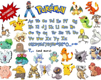 Full Alphabet + 30 POKEMON Clip Art Images High Quality, Transparent Background True Type Font Scrapbooking, Stickers, Party, Banners