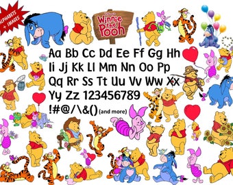 Full Alphabet + 31 WINNIE THE POOH Clipart Images High Quality, Transparent Background True Type Font Scrapbooking, Stickers, Party, Banners