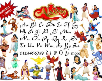 Full Alphabet + 30 Jasmine/Aladdin Images 300 DPI Transparent Background True Type Font, Scrapbooking, Party Theme, Stickers, Decals
