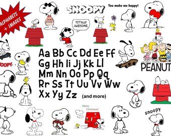 Full Alphabet + 21 PEANUTS SNOOPY Clip Art Images High Quality, Transparent Background True Type Font Scrapbooking, Stickers, Party, Banners
