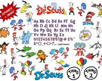 Full Alphabet + 30 DR SEUSS Clip Art Images High Quality, Transparent Background True Type Font Scrapbooking, Stickers, Party, Banners