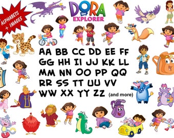 Full Alphabet+30 DORA THE EXPLORER Clipart Images High Quality, Transparent Background True Type Font Scrapbooking, Stickers, Party, Banners