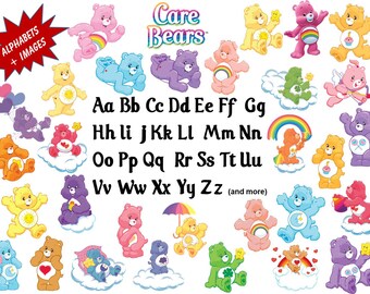 Full Alphabet + 31 CARE BEARS Clip Art Images High Quality, Transparent Background True Type Font Scrapbooking, Stickers, Party, Banners
