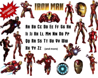 Full Alphabet + 18 IRON MAN Clip Art Images High Quality, Transparent Background True Type Font Scrapbooking, Stickers, Party, Banners