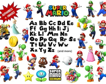 Full Alphabet+ 31 SUPER MARIO BROS Clipart Images High Quality, Transparent Background True Type Font Scrapbooking, Stickers, Party, Banners