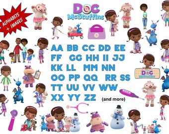 Full Alphabet+ 31 DOC MCSTUFFINS Clipart Images High Quality, Transparent Background True Type Font Scrapbooking, Stickers, Party, Banners
