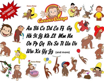 Full Alphabet + 24 CURIOUS GEORGE Clip Art Images High Quality, Transparent Background True Type Font Scrapbooking, Stickers, Party, Banners