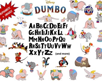 Full Alphabet + 31 DUMBO Clip Art Images High Quality, Transparent Background True Type Font Scrapbooking, Stickers, Party, Banners