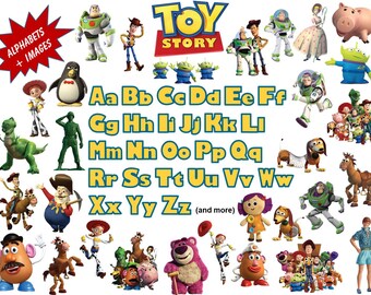 Full Alphabet + 31 TOY STORY Clip Art Images High Quality, Transparent Background True Type Font Scrapbooking, Stickers, Party, Banners