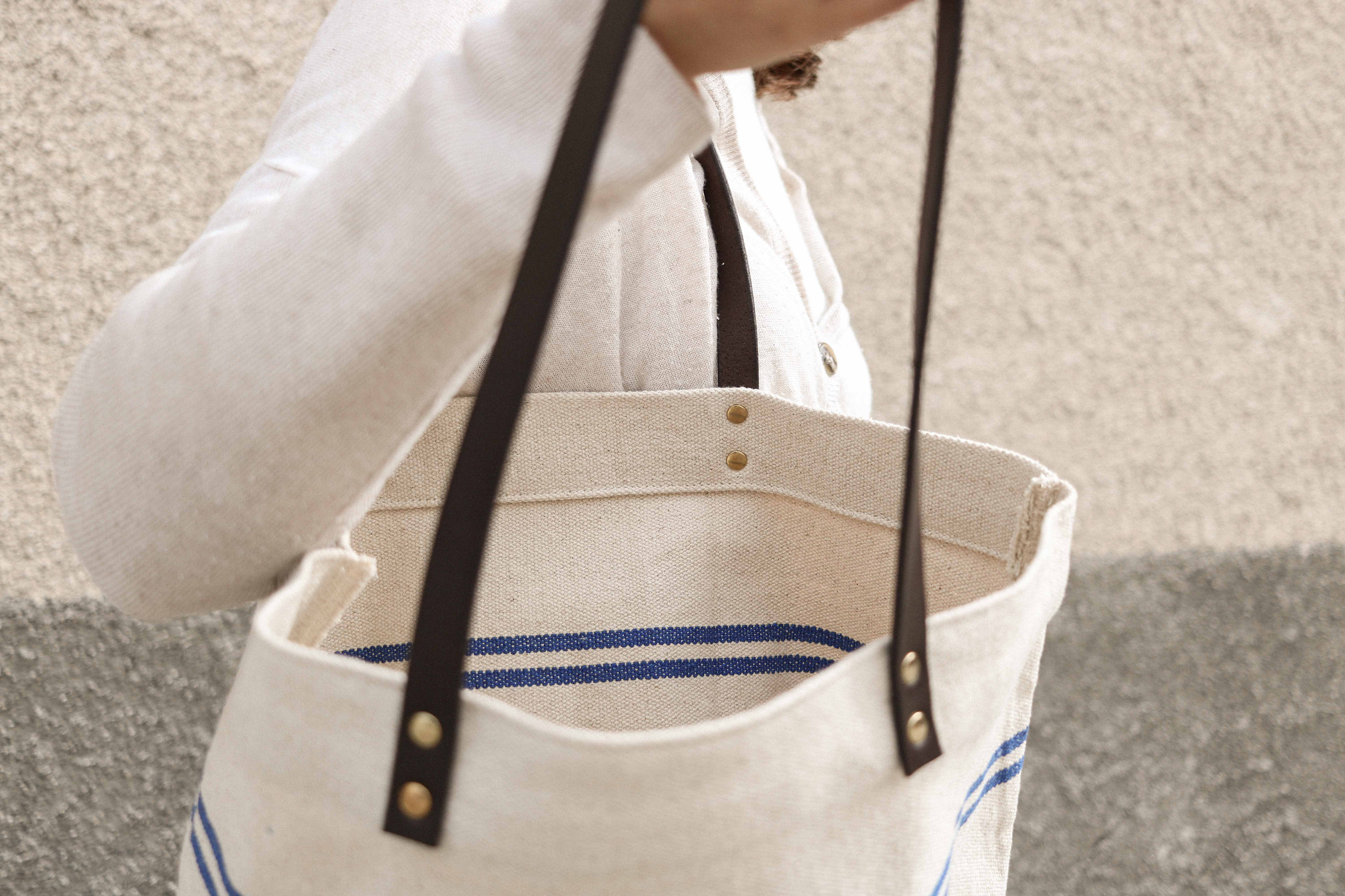 Linen bag with leather handles Striped sackcloth & leather Etsy