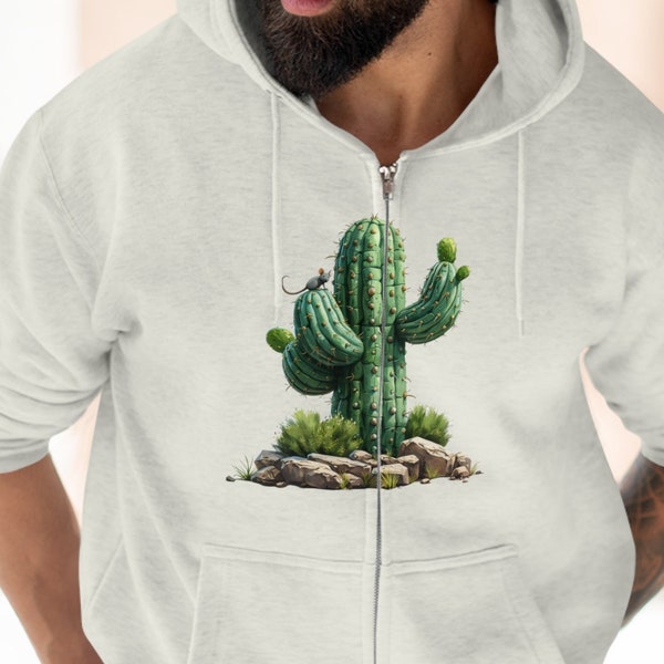 Unisex Zip Cotton Hoodie - Mexican Cactus and Kangaroo Rat Design - Unique Print - Comfortable Zip Hoodie for Global and US Market