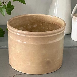 Puede incluir: Un tarro de gres beige con forma cilíndrica. La antigua vajilla de cocina tiene una superficie ligeramente texturizada y un diseño sencillo y clásico. Una jarra blanca y un tarro pequeño están en el fondo, con hojas de hiedra verde en la esquina superior izquierda.