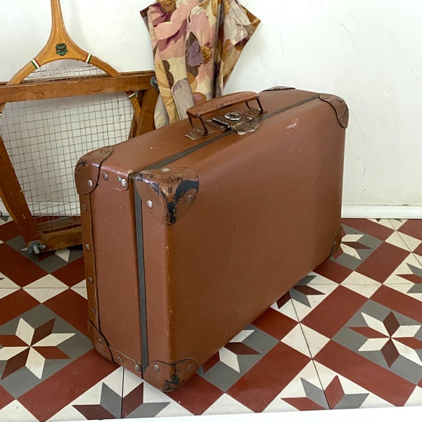 Valise Ancienne Vintage En Cuir Marron, Bagage Rigide, Occasion