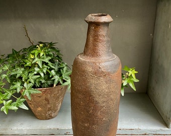 Old terracotta bottle, rustic natural stoneware, primitive handmade, countryside, boho chic, gift