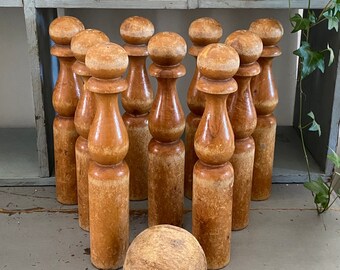 Jeu de grandes quilles anciennes, quilles en bois, jouet vintage, jeu d'extérieur