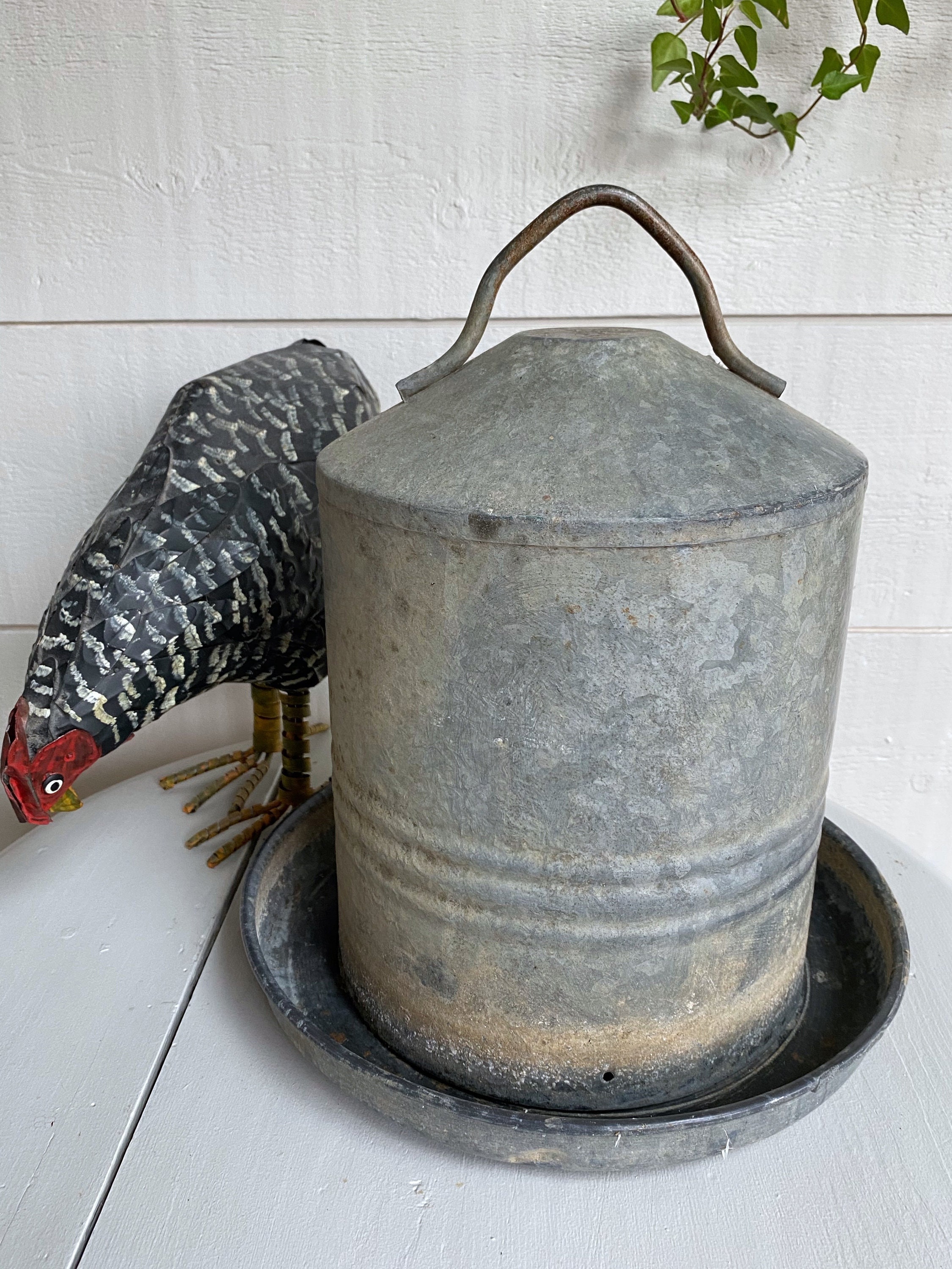Ancien Abreuvoir Pour Oiseaux en Zinc, Déco Jardin, Campagne Chic