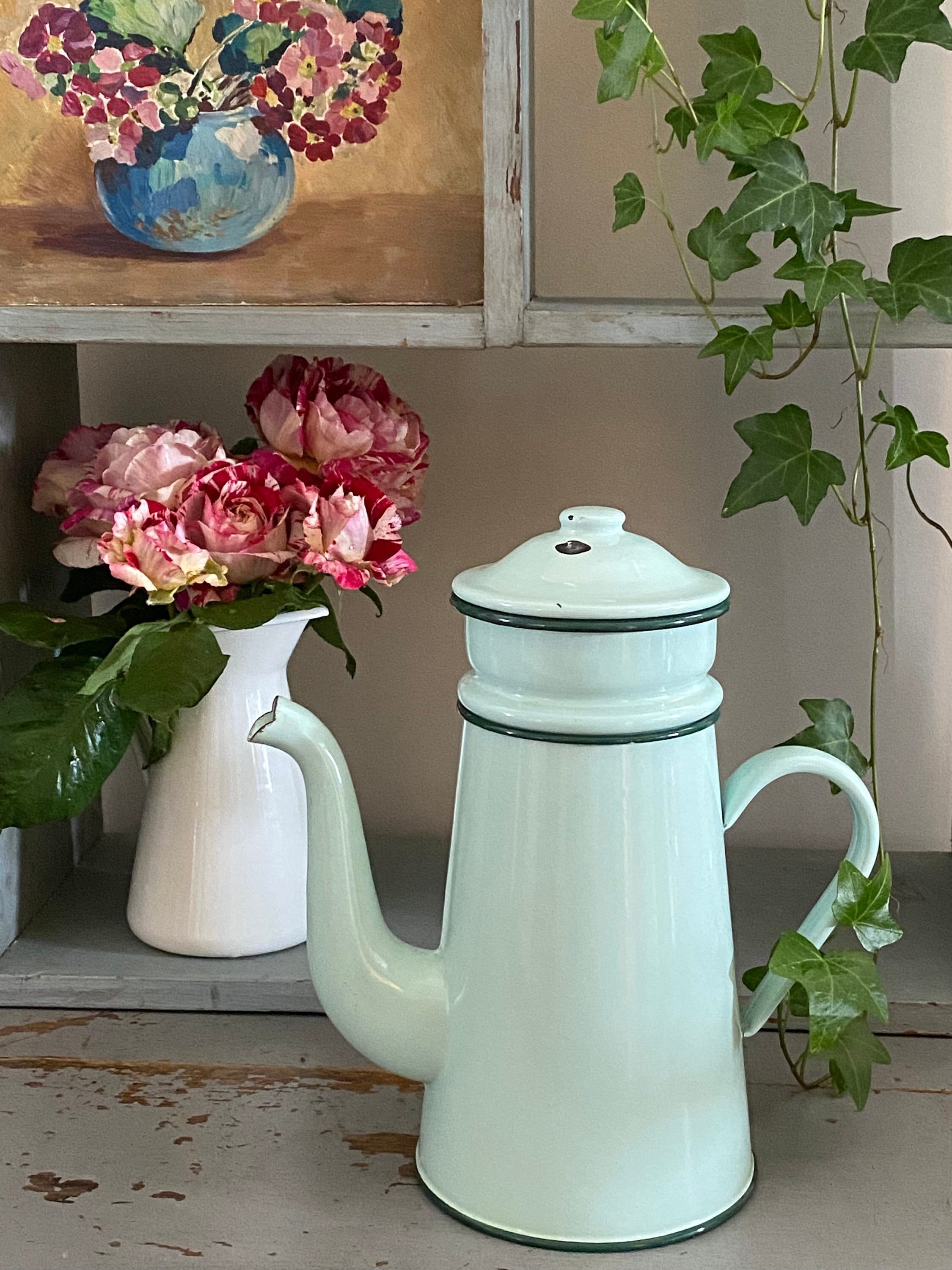 Mint Enameled Coffee Maker, Old Coffee Maker, Chic Countryside