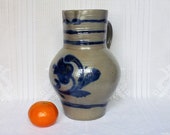 Old jug in Alsace sandstone, large stoneware pitcher, glazed stoneware pottery and blue cobalt decoration, salt pottery, jug, french country