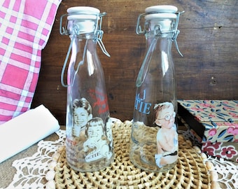 Retro style glass kitchen decoration bottles, milk bottles with porcelain cap, collectible bottles, small French gift for mom, kitchen decor