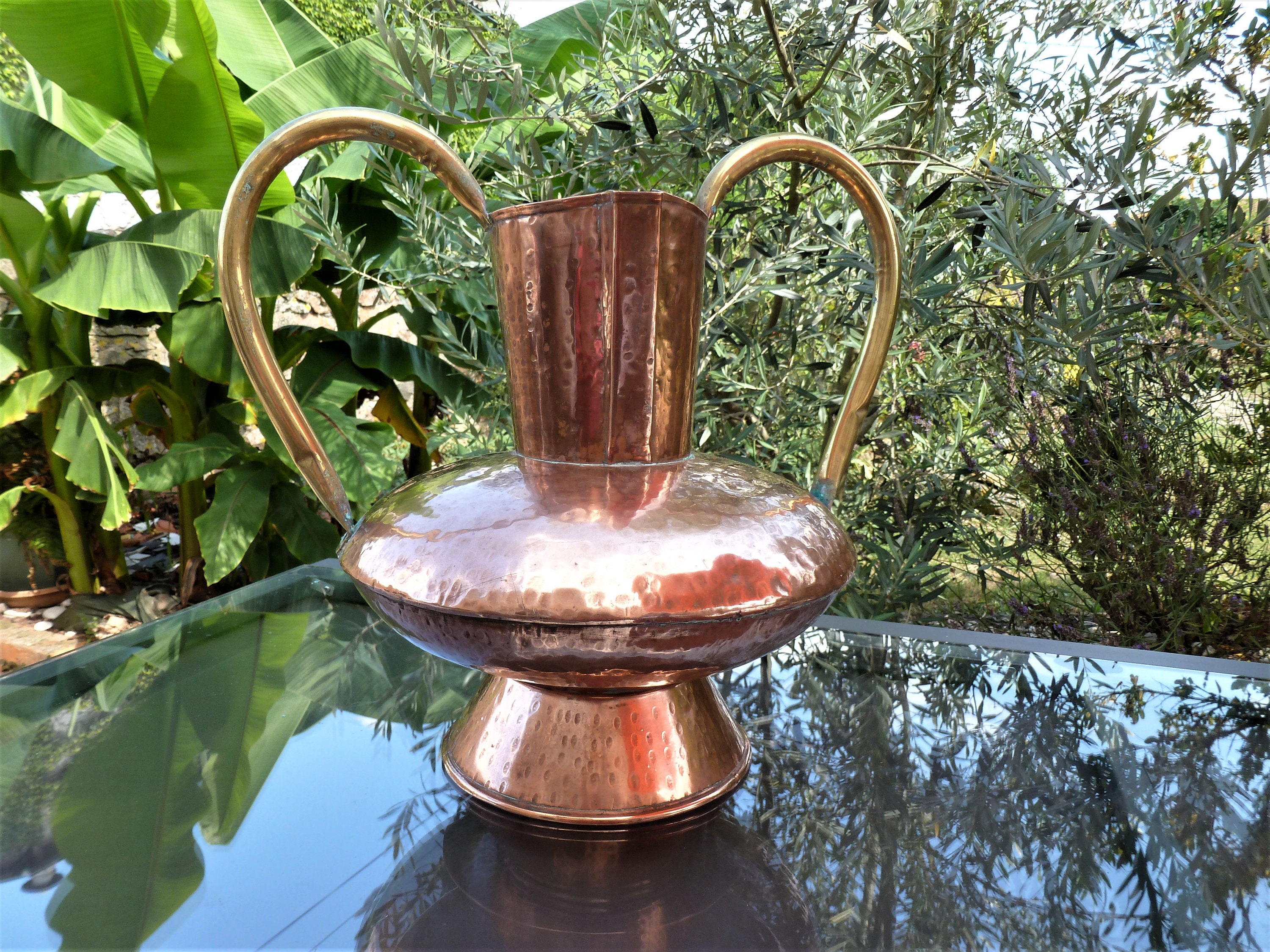 Vase Cuivre Martelé Vintage avec Deux Anses Laiton/Vase Déco Centre de Table Cadeau Maison en Cuivre