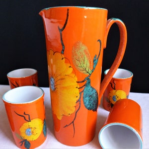 Geëmailleerd aardewerk orangeade servies, sinaasappelsap servies, Vallauris kunstkeramiek aardewerk, Frans tafelkeramiek geschenk. afbeelding 2