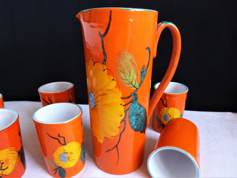 Geëmailleerd aardewerk orangeade servies, sinaasappelsap servies, Vallauris kunstkeramiek aardewerk, Frans tafelkeramiek geschenk. afbeelding 2