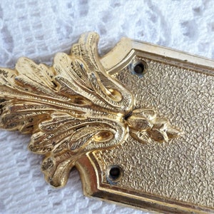 以下が含まれることがあります： 金色の金属製のドアプレートで、装飾的な花柄のデザインが施されています。プレートはテクスチャ加工された表面と2つのネジ穴があります。