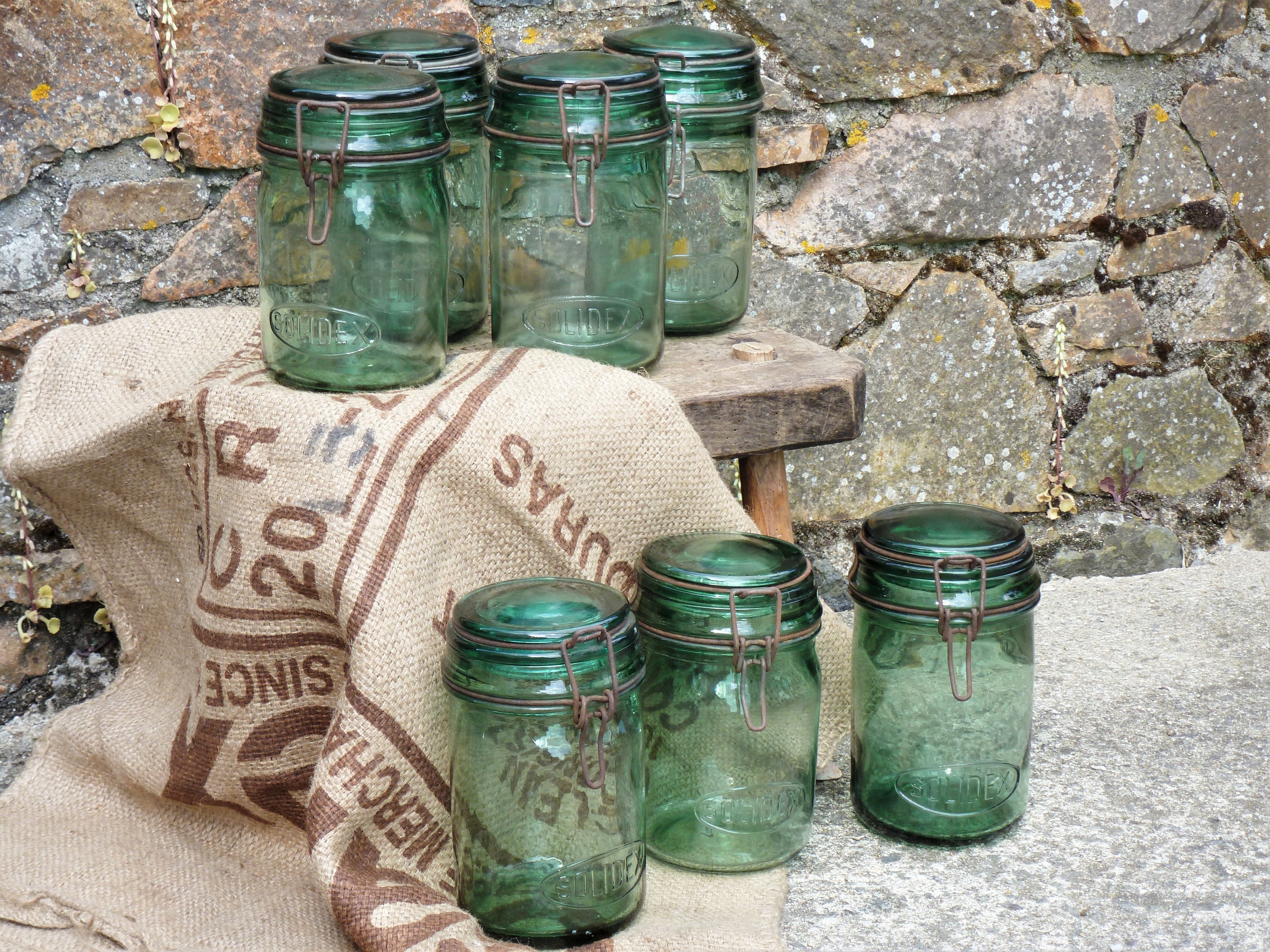 A Vendre à L'unité Bocal de Conserves Ancien Vert, Bocal Décoration, Zéro Déchet, Porte-Ustensiles C