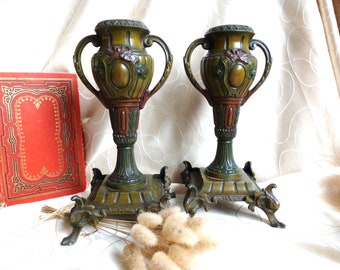 2 jarrones decorativos de ánfora de estilo art nouveau en la base, cassolettes para chimenea, urnas para chimenea, jarrones con adornos para chimenea antiguos.