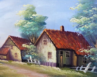 Pintura al óleo de paisaje vintage, paisaje al óleo vintage francés, pintura de paisaje de los años 50, árboles vintage y pintura de casas.