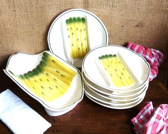 RARE: asparagus service, asparagus dish, 6 vintage yellow and green asparagus plates, ceramic plate, French table plate, French table gift.