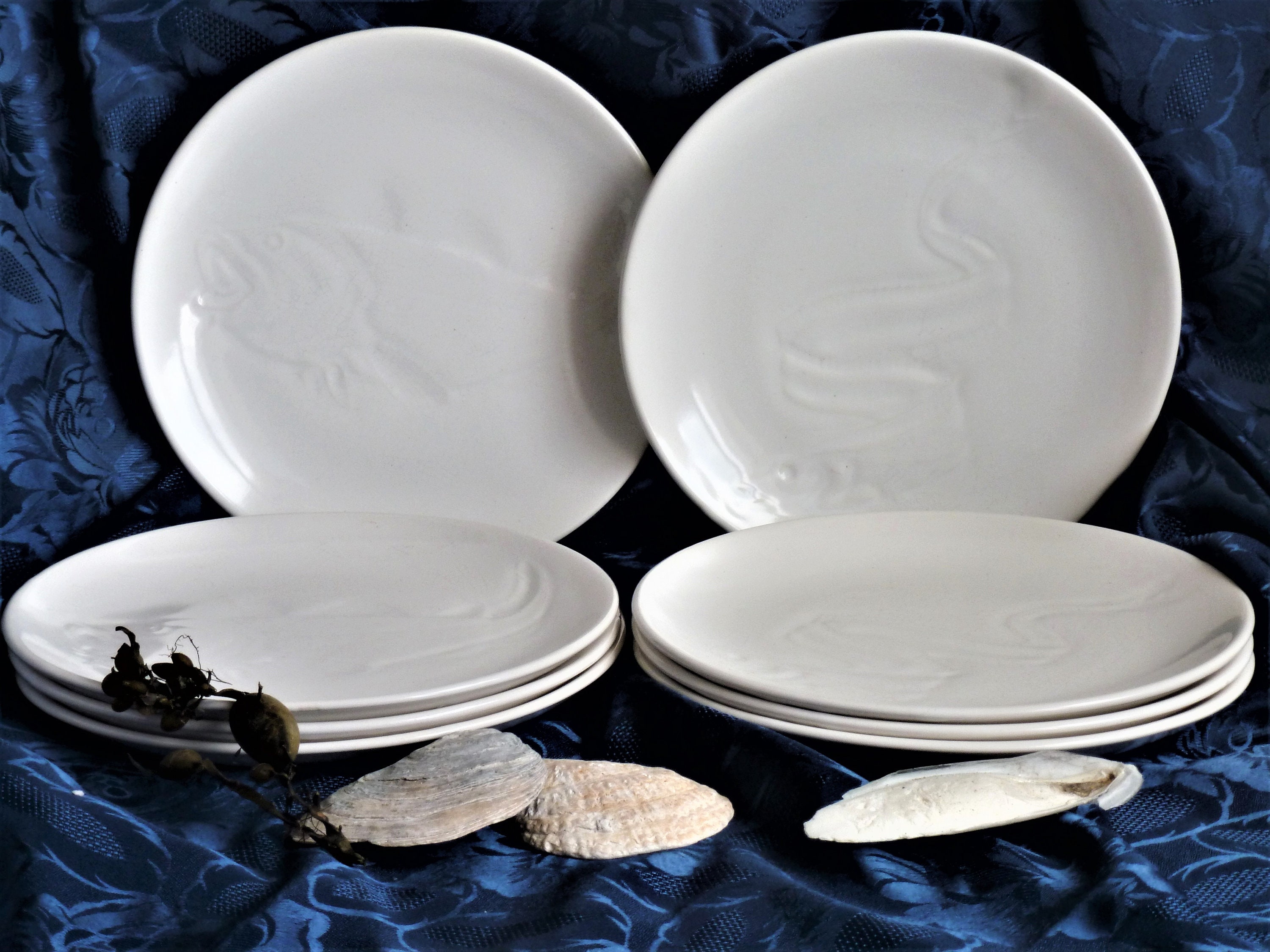 Lot de 4 Assiettes à Poisson en Faïence Céramique Blanche, Huîtres, Plates Blanches, Décor Table, Ta