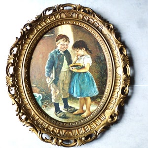 Cornice vittoriana d&#39;epoca, antica cornice in resina vittoriana, quadro ovale decorativo vittoriano/rococò, illustrazione per bambini del XIX secolo