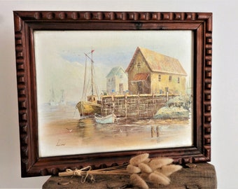 Luini peinture marine encadrée, peinture bateaux de pêche au quai, ancienne peinture marine vintage, ancien tableau marin de bateaux et port