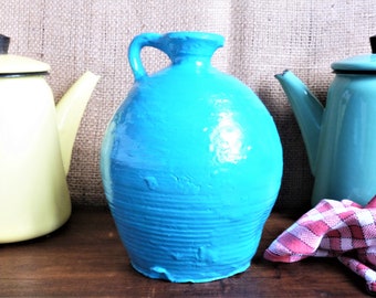 Antique blue painted terracotta jug, vintage country jug, French farmhouse folk art, rustic kitchen decor, French kitchen gift.