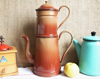 Large enamel coffee maker, Vintage coffee jug, 1900s metal kitchen pot, rustic French kitchen enamel decor, enamel coffee maker collection.
