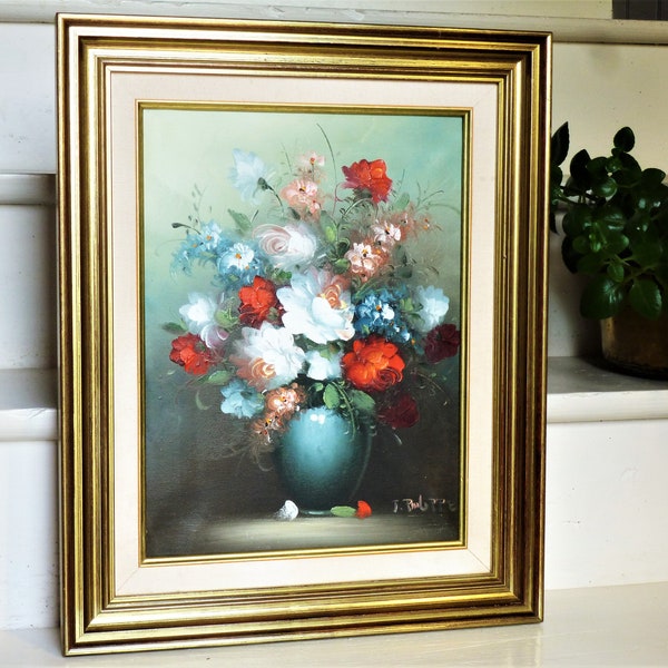 Peinture bouquet de roses vintage, ancienne peinture florale l'huile, tableau peinture vintage roses blanches, peinture décor floral mural.