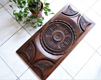 Carved wood panel, Old carved cupboard door panel, Vintage door top decor, Rustic furniture accessories, French carved wood wall gift.