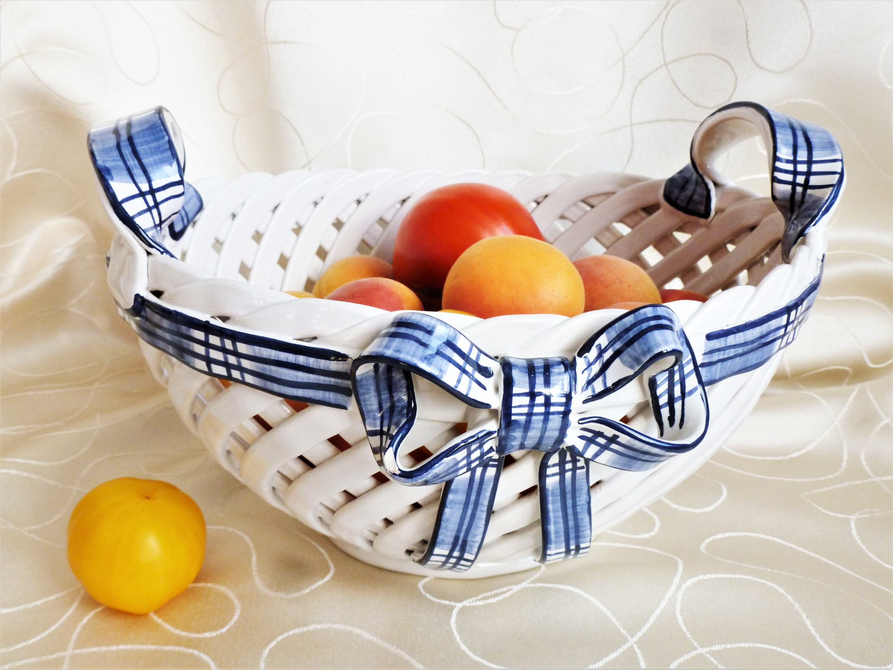 Corbeille à Fruits Céramique Bleue et Blanche, Corbeille Du Portugal, Poterie Pot Plantes Portugal.