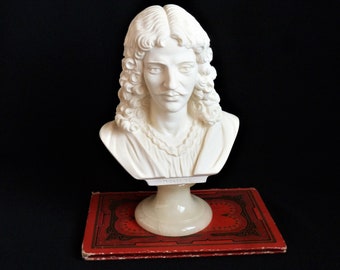 Giannelli statue, Bust of Molière, sculpture of Molière in alabaster by Giannelli, art deco sculpture, office decor, French writer figurine.