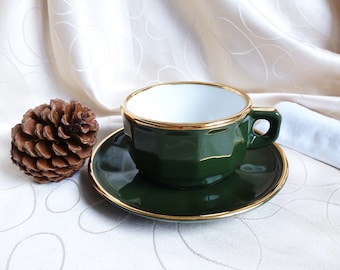 RARE : Grande tasse à café / petit déjeuner de restaurant, tasses à café céramique vintage couleur vert, tasses à café art déco vert et or.