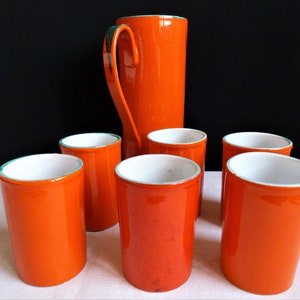 Geëmailleerd aardewerk orangeade servies, sinaasappelsap servies, Vallauris kunstkeramiek aardewerk, Frans tafelkeramiek geschenk. afbeelding 9