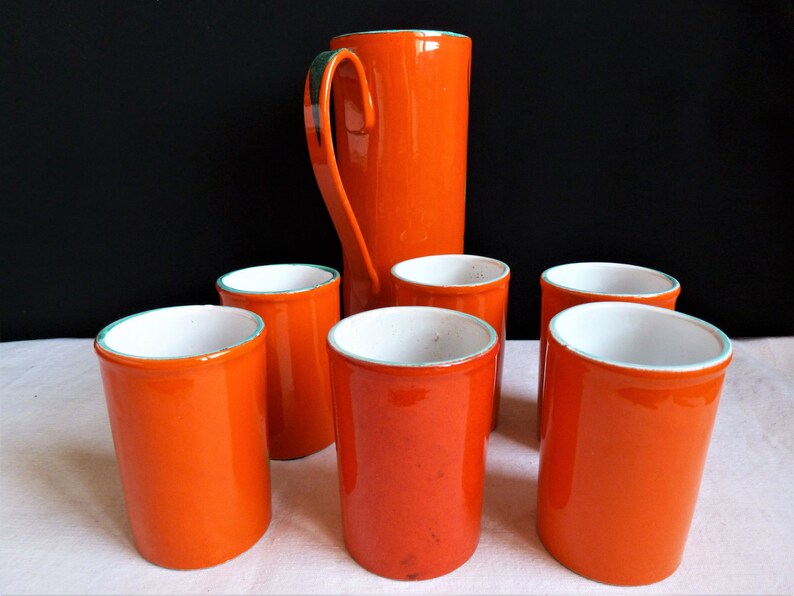 Geëmailleerd aardewerk orangeade servies, sinaasappelsap servies, Vallauris kunstkeramiek aardewerk, Frans tafelkeramiek geschenk. afbeelding 9