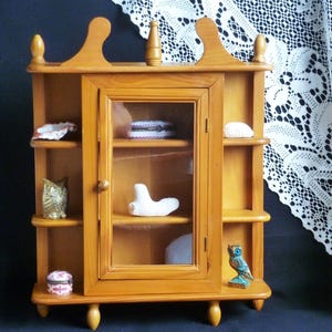 Old wooden wall display case for miniatures, Small glass wall cabinet for trinkets, Trinket storage, Wall display case for figurines.