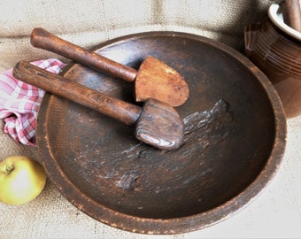Antique wooden salad bowl, primitive wooden salad bowl, antique wooden bowl with spoons,rustic kitchen wood decor, vintage farmhouse utensil