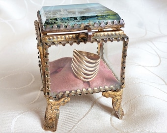 Napoleon III jewelry box, vintage glass and gold metal jewelry box, old jewelry box, Notre-Dame de Lourdes souvenir, collectible jewelry box