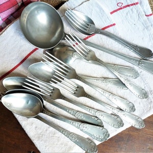 Old art nouveau table silverware, vintage cutlery, old art nouveau table utensils, vintage spoons, vintage forks, Art nouveau party table.