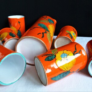 Geëmailleerd aardewerk orangeade servies, sinaasappelsap servies, Vallauris kunstkeramiek aardewerk, Frans tafelkeramiek geschenk. afbeelding 1