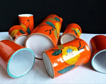 Geëmailleerd aardewerk orangeade servies, sinaasappelsap servies, Vallauris kunstkeramiek aardewerk, Frans tafelkeramiek geschenk.